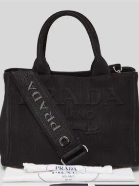 Prada Black Canvas Embossed Logo Tote with Strap